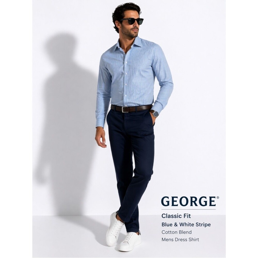 George Classic Fit Blue White Stripe Dress Shirt Mens Button Down (38-40) NWOT